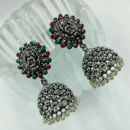 Oxidised Silver Look Trible Multi color Zhumki Earrings