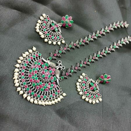 Oxidised Silver Look Multi color Long Necklace Set with Chandbali Earrings
