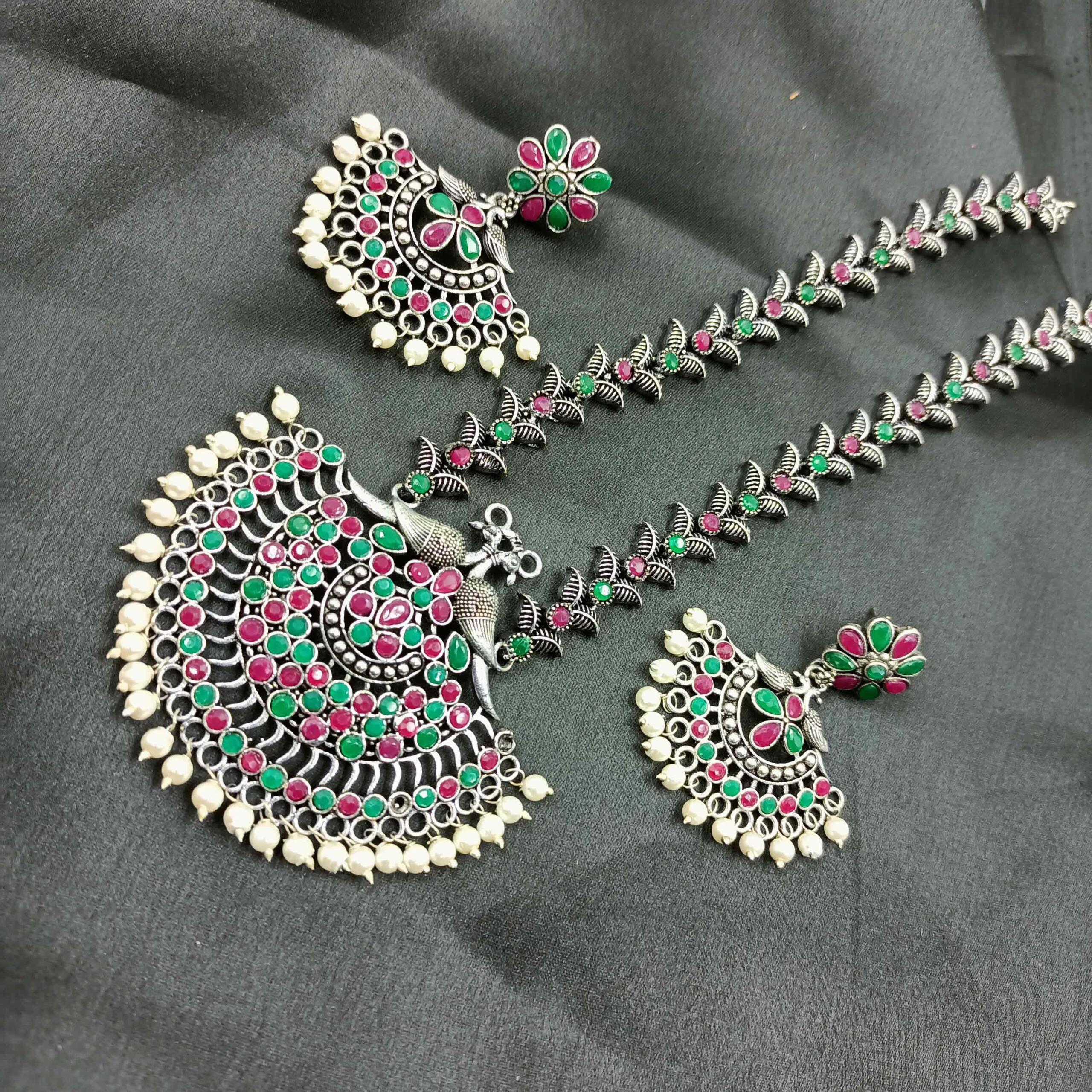 Oxidised Silver Look Multi color Long Necklace Set with Chandbali Earrings