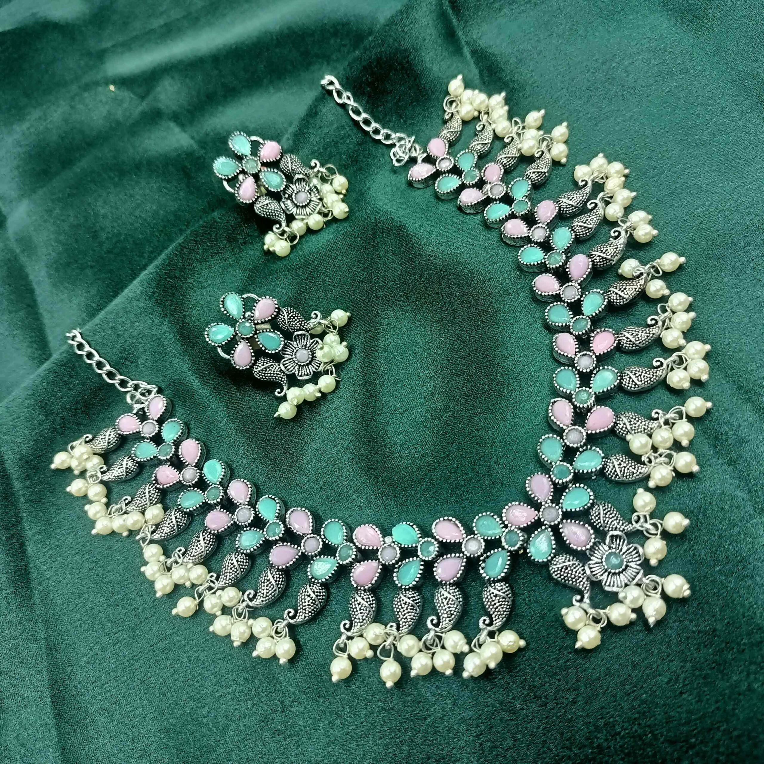 Oxidised Silver Look Pink & Green chokar Necklace Set with Pearl and Stud Earrings