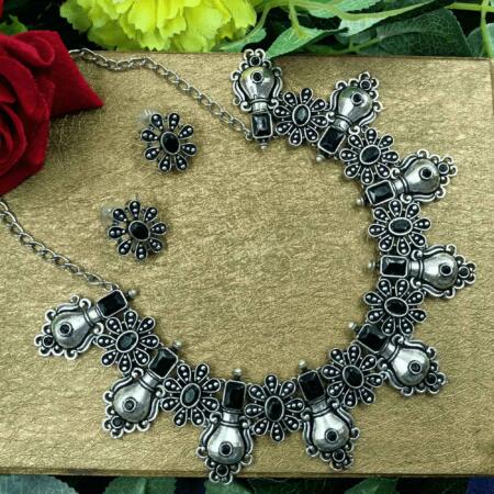 Oxidised Trible Look Black Color chokar Necklace Set with Pearl and Stud Earrings