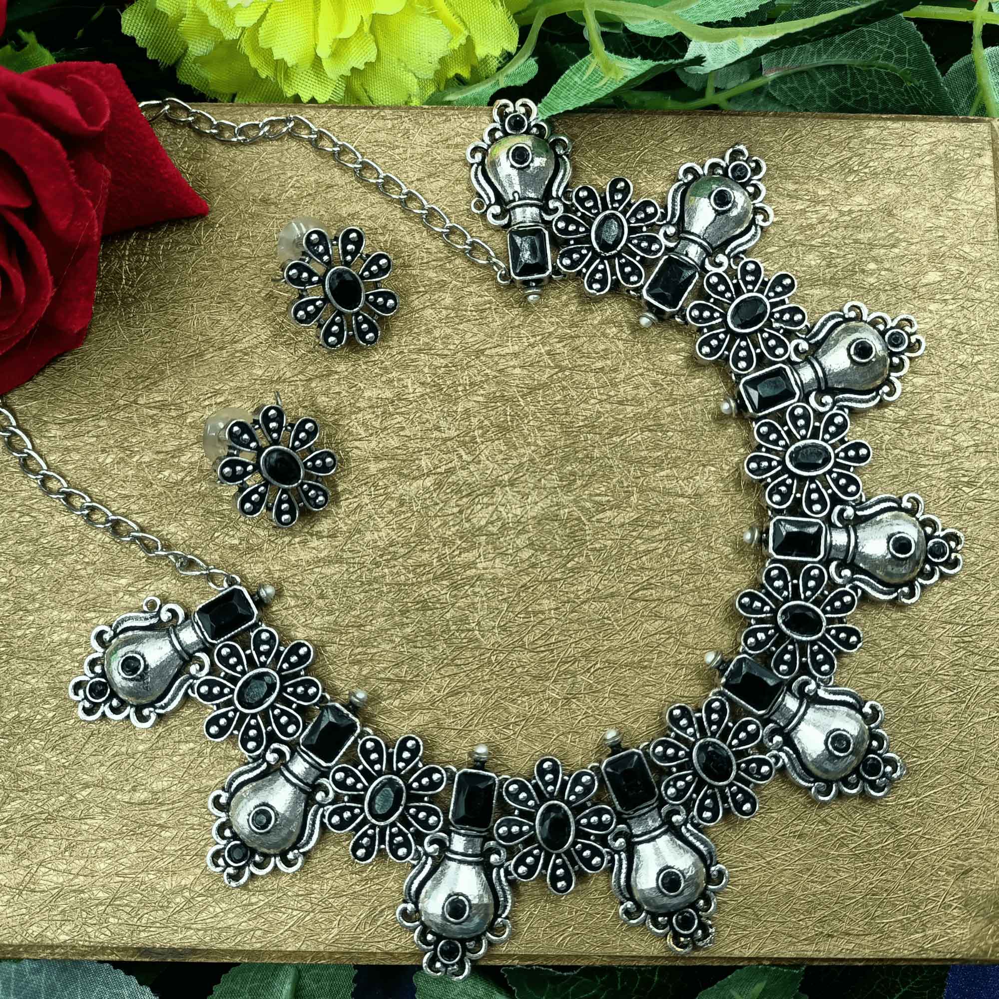 Oxidised Trible Look Black Color chokar Necklace Set with Pearl and Stud Earrings