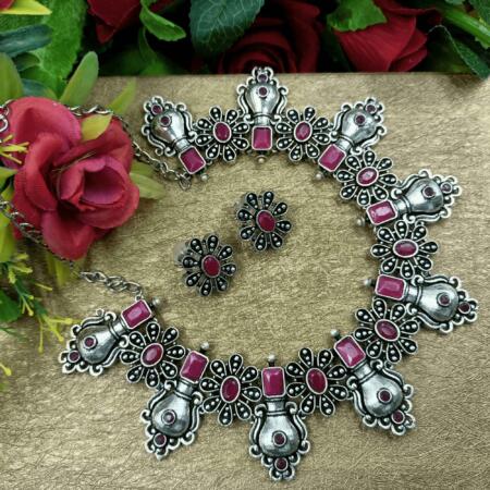 Oxidised Trible Look Rani Color chokar Necklace Set with Pearl and Stud Earrings