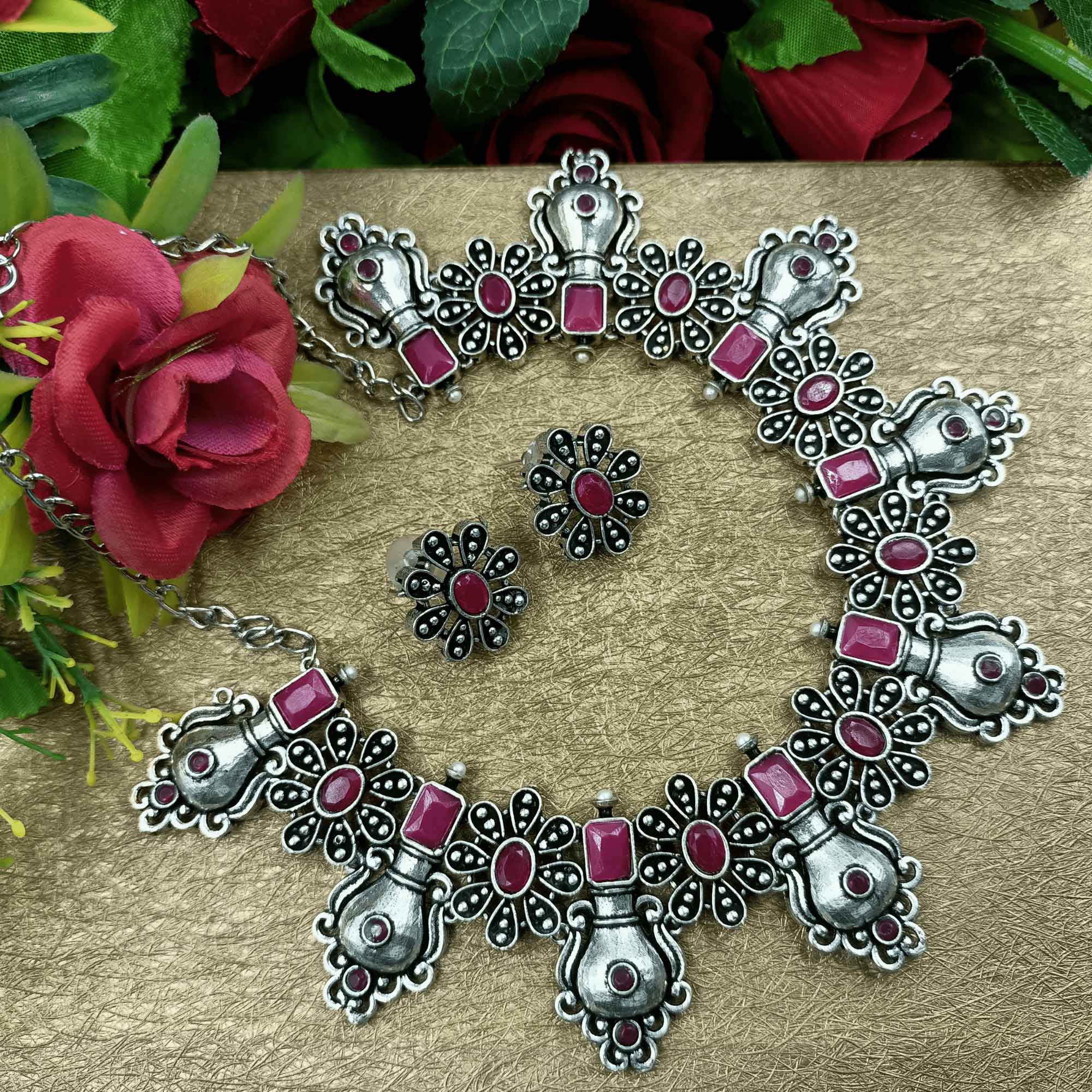 Oxidised Trible Look Rani Color chokar Necklace Set with Pearl and Stud Earrings