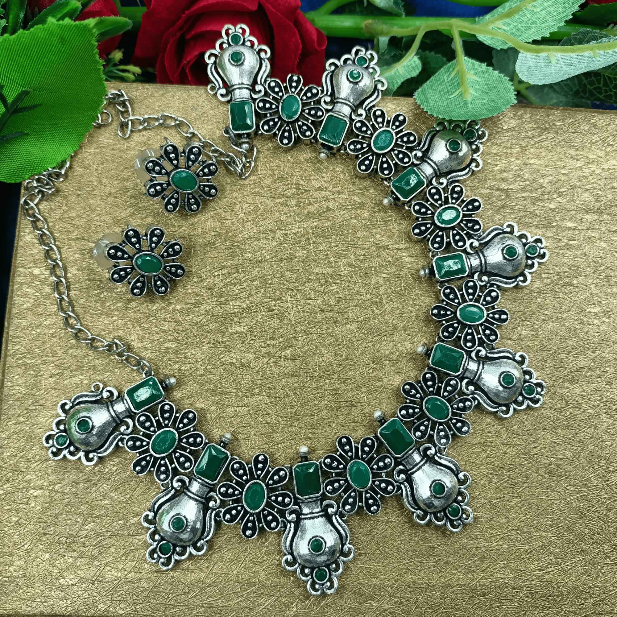 Oxidised Trible Look Green Color chokar Necklace Set with Pearl and Stud Earrings