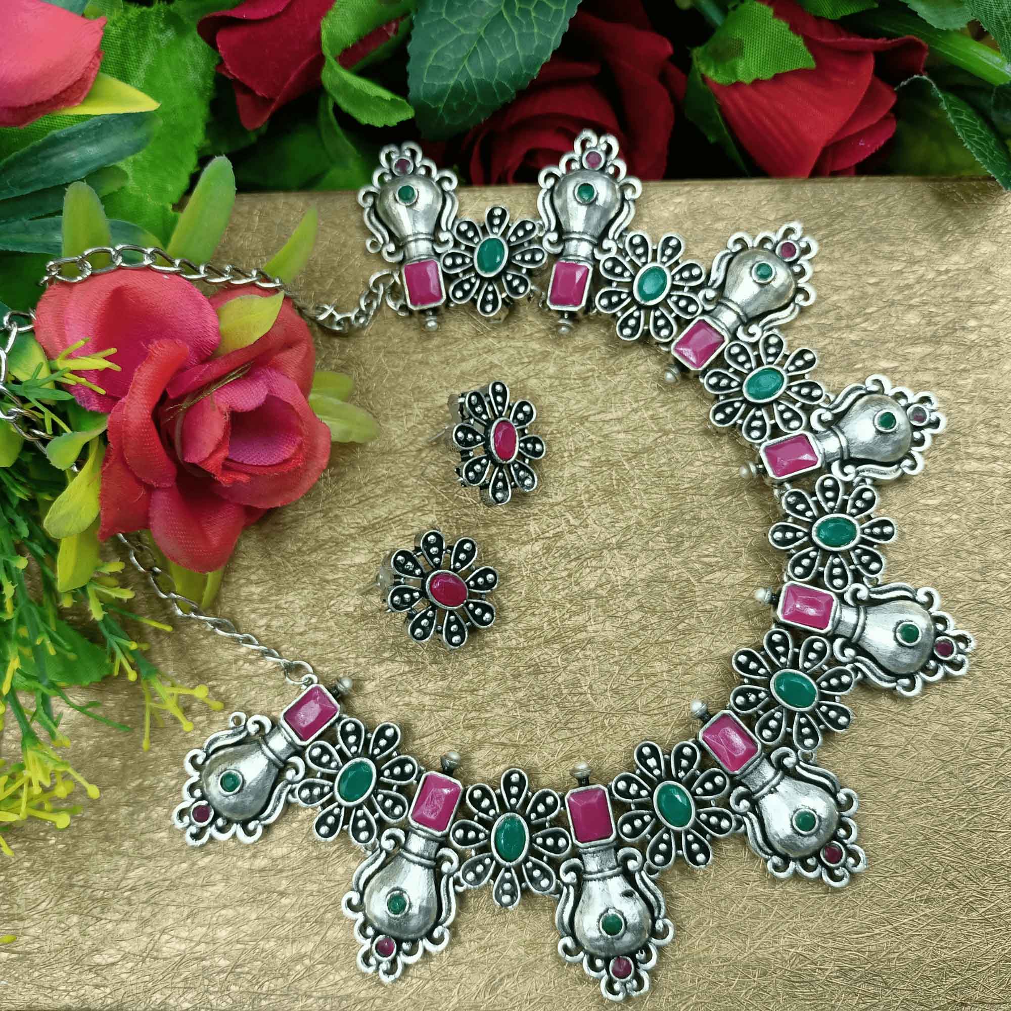 Oxidised Trible Look Rani & Green Color chokar Necklace Set with Pearl and Stud Earrings