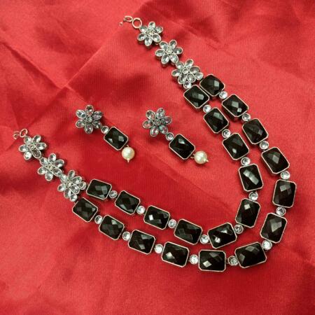 Oxidised Elegent Black color Long Necklace Set with Pearl Beeds and White Stones with Dangler Earrings