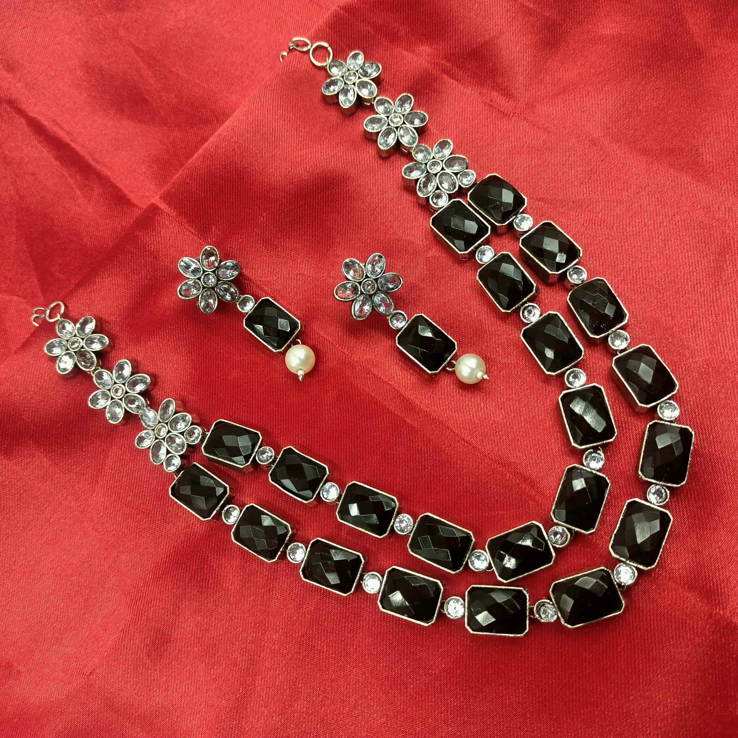 Oxidised Elegent Black color Long Necklace Set with Pearl Beeds and White Stones with Dangler Earrings