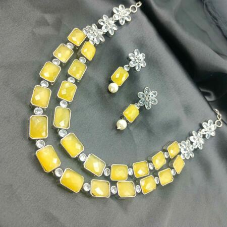 Oxidised Elegent Mustered Yellow color Long Necklace Set with Pearl Beeds and White Stones with Dangler Earrings