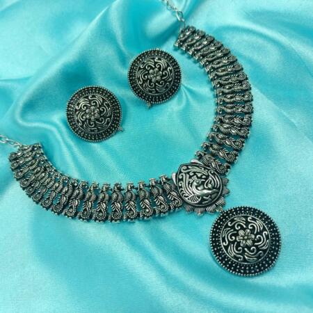 Oxidised Trible Look Black Chokar Necklace Set with Stud Earrings