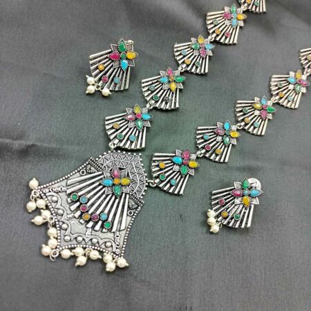Oxidised  Trible Silver look Stylish Multi Color Long Necklace Set with Pearl Beeds and Stones with Stud Earrings