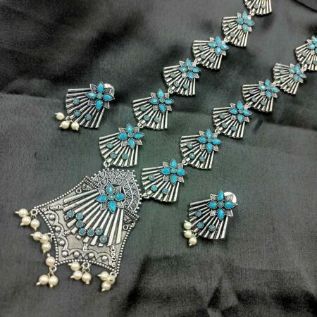 Oxidised  Trible Silver look Stylish Turquoise Blue Color Long Necklace Set with Pearl Beeds and Stones with Stud Earrings