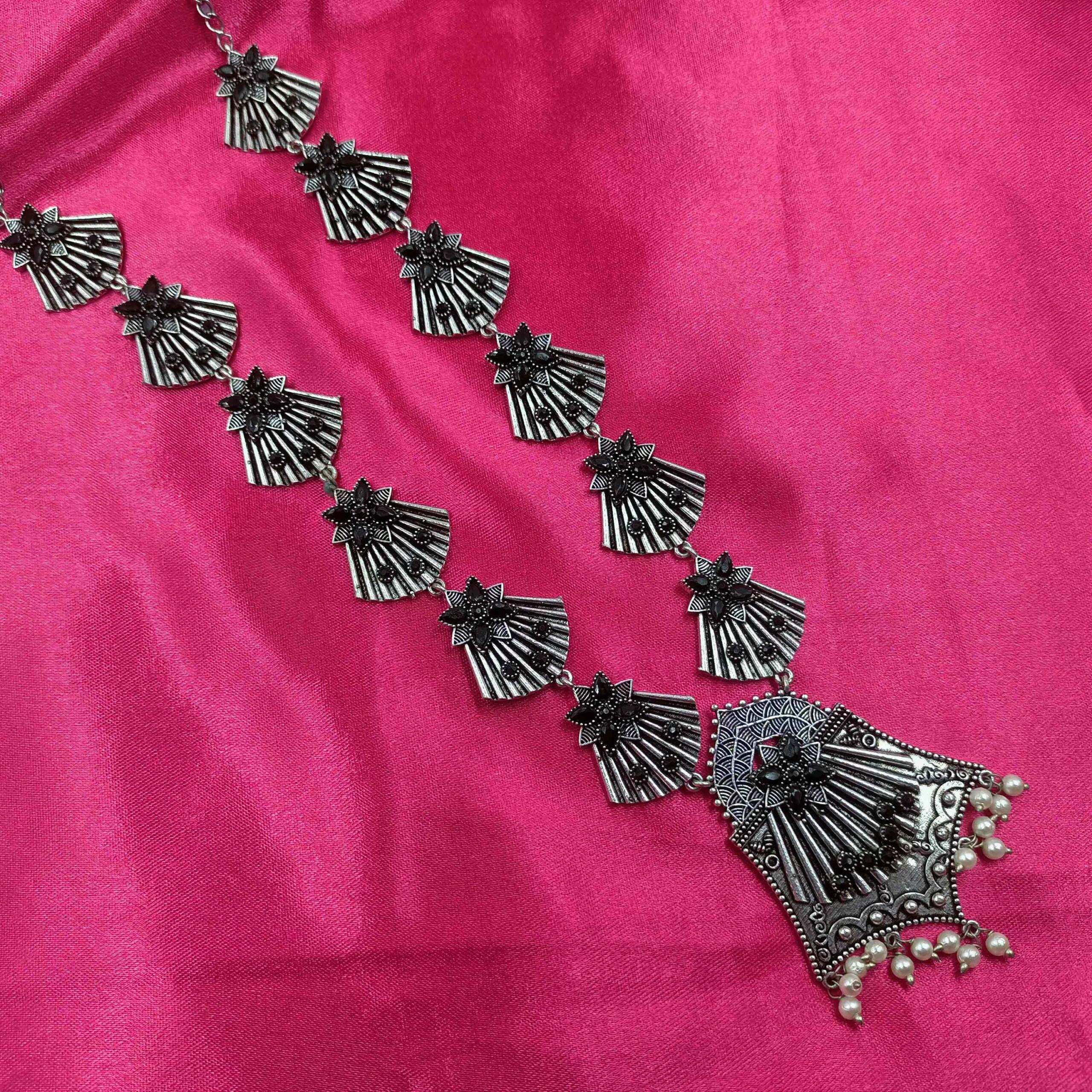 Oxidised  Trible Silver look Stylish Black Color Long Necklace Set with Pearl Beeds and Stones with Stud Earrings
