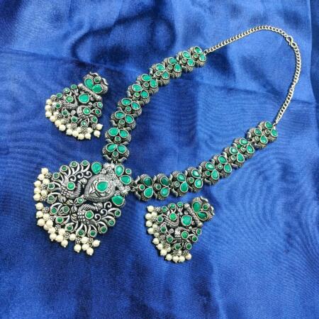 Oxidised  Trible Silver look Artistic Green Color Long Necklace Set with Pearl Beeds and Stones with Dangler Earrings