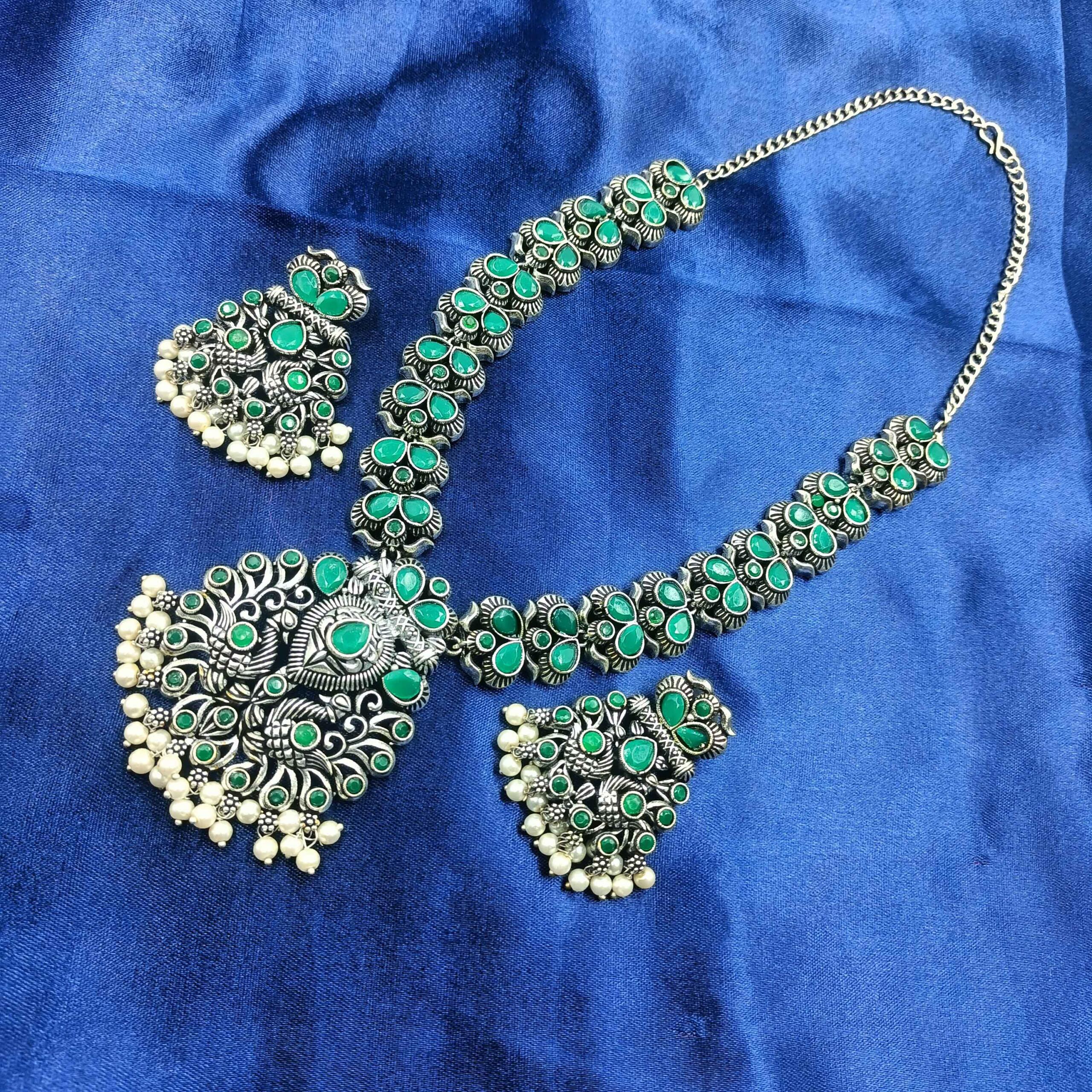 Oxidised  Trible Silver look Artistic Green Color Long Necklace Set with Pearl Beeds and Stones with Dangler Earrings