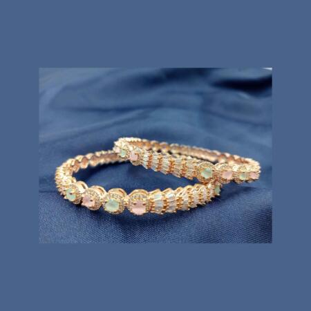 Rose Gold Elegent White Pink & Green Color American Diamond Bangle Kangan Kada Set (Size 2.6)