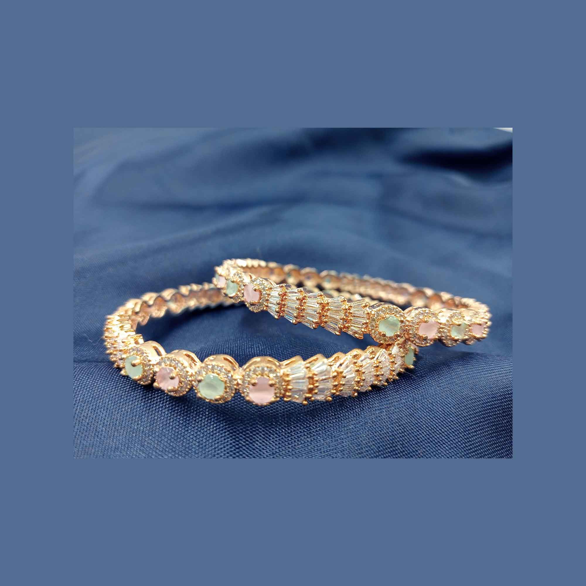 Rose Gold Elegent White Pink & Green Color American Diamond Bangle Kangan Kada Set (Size 2.8)