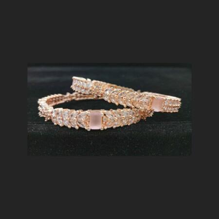 Rose Gold Elegent White & Pink Color American Diamond Bangle Kangan Kada Set (Size 2.8)
