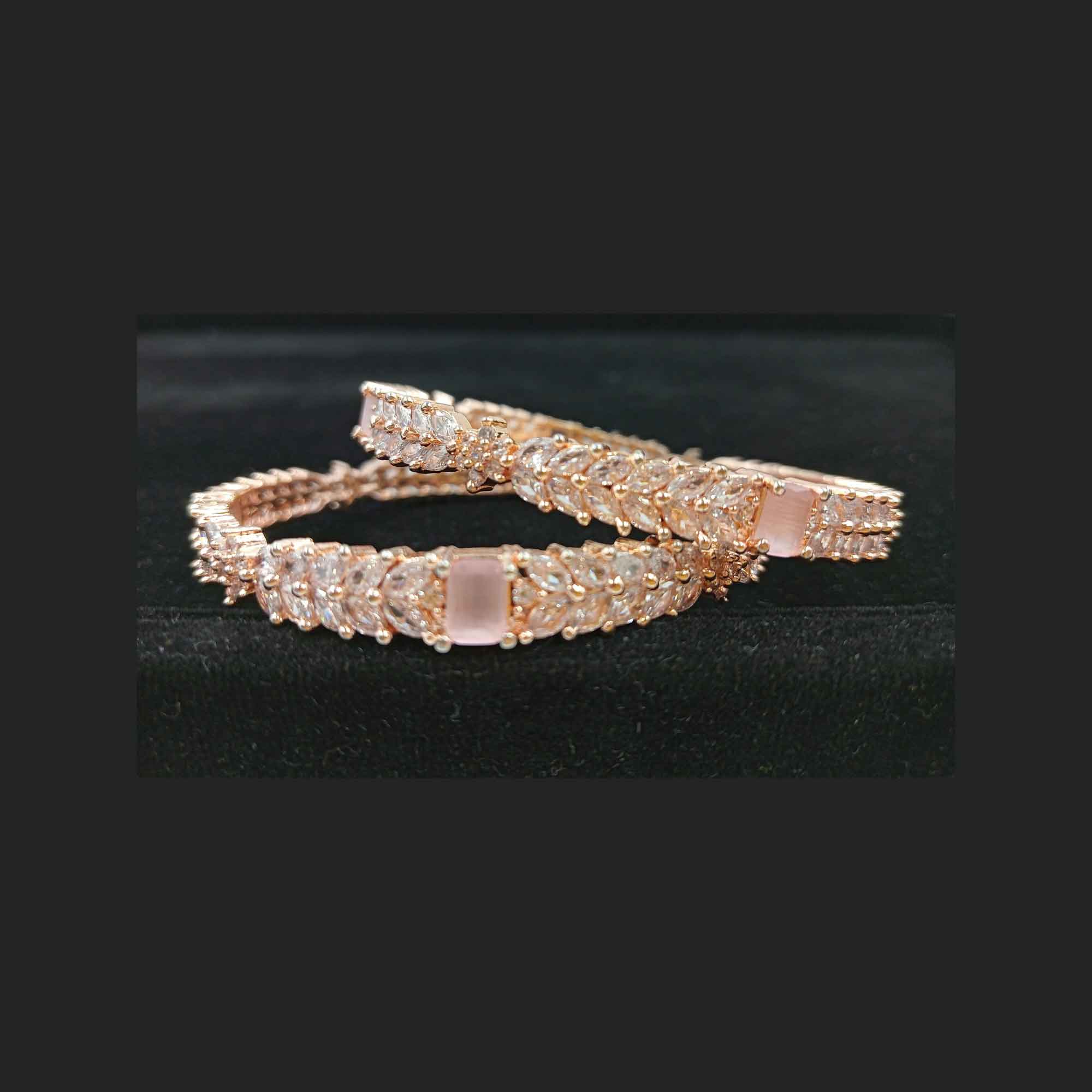 Rose Gold Elegent White & Pink Color American Diamond Bangle Kangan Kada Set (Size 2.8)