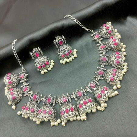 Oxidised  Trible  look Stylish Chokar Necklace Set with Pearl Beeds and Ruby Stones with Zhumki Earrings