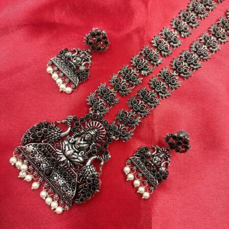 Oxidised  Trible look Stylish Black Long Necklace Set with Pearl Beeds and Black Stones with Dangler Earrings