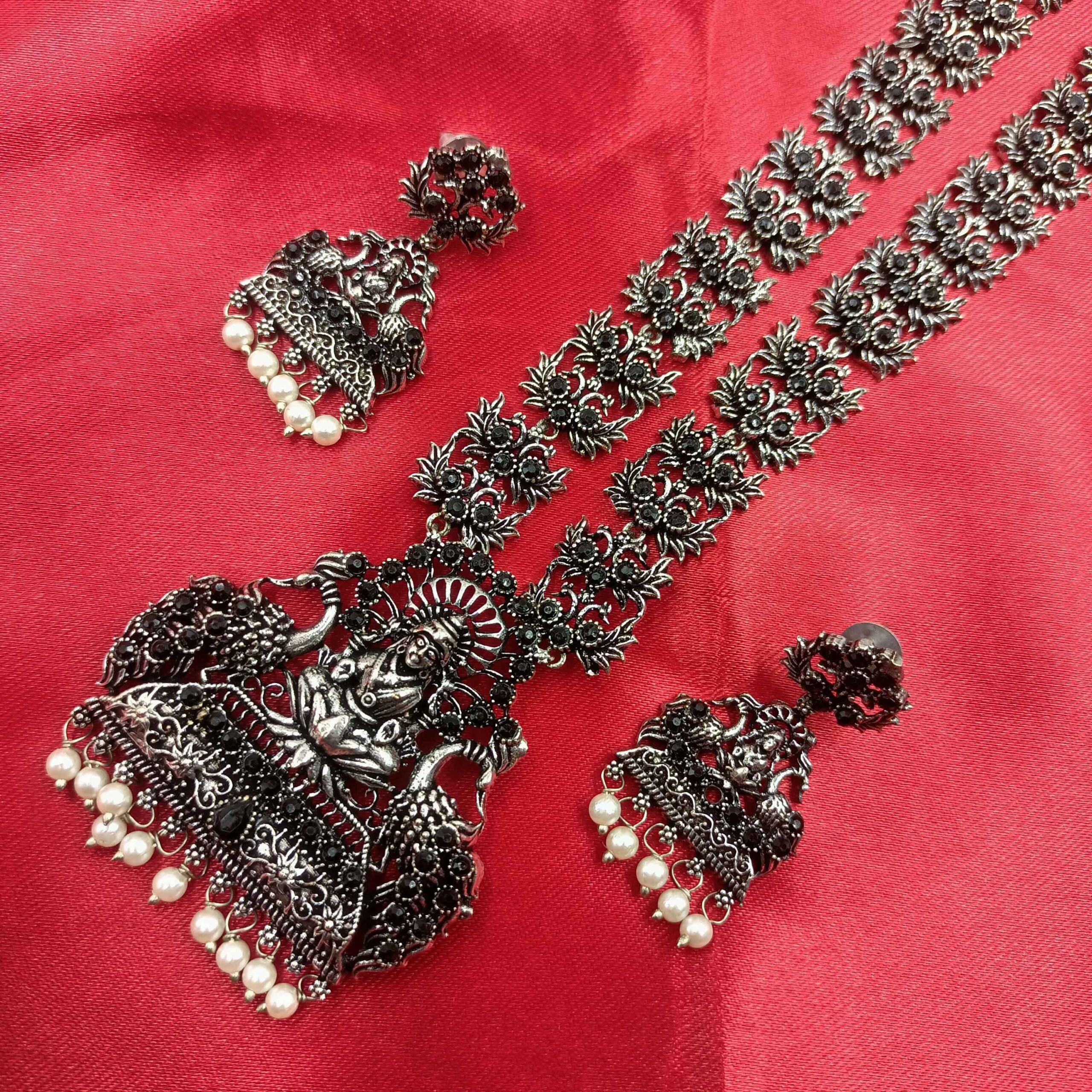 Oxidised  Trible look Stylish Black Long Necklace Set with Pearl Beeds and Black Stones with Dangler Earrings