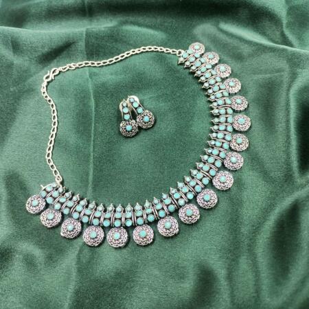 Oxidised  Trible  look Stylish Turquiosh Chokar Necklace Set with  Stones and Stud Earrings