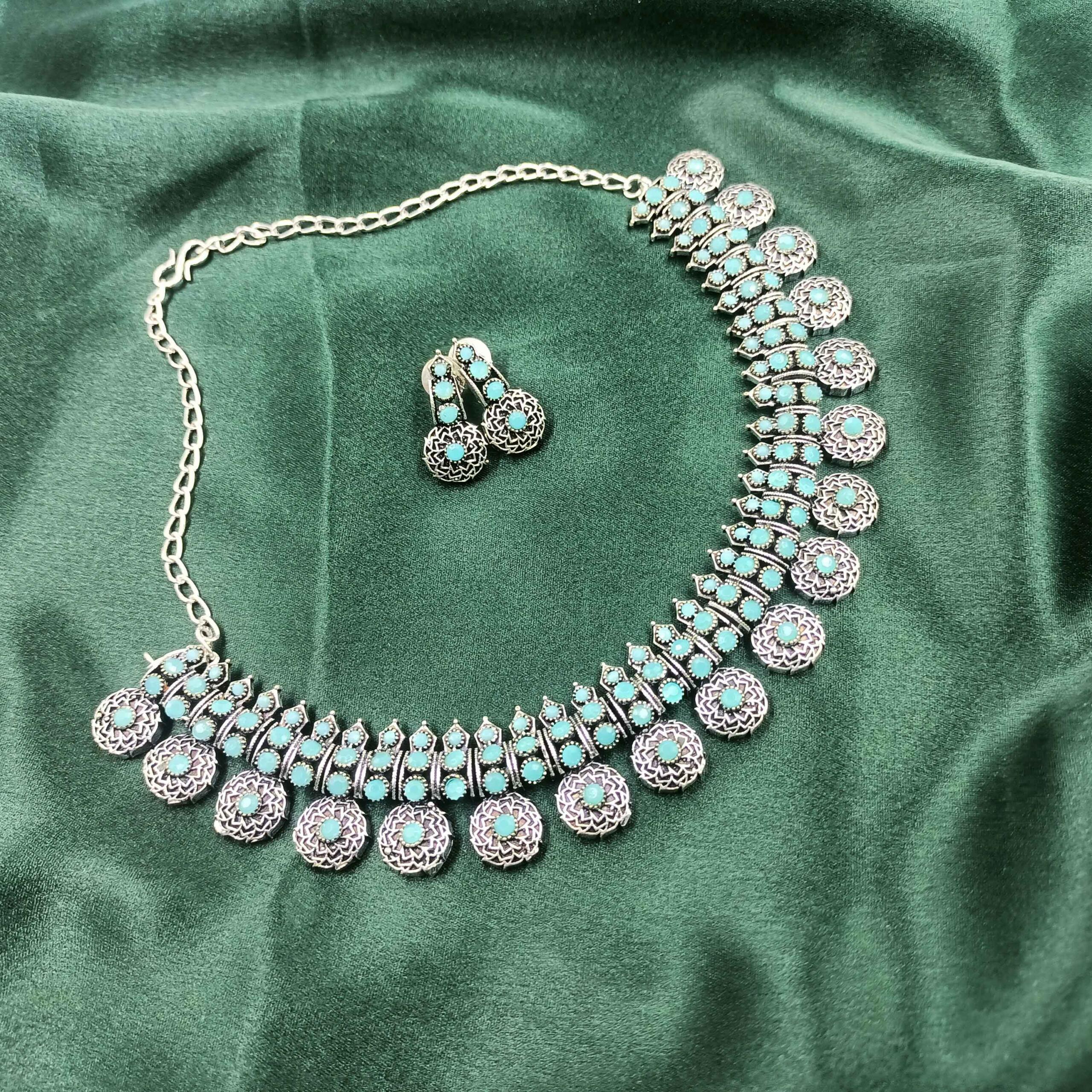 Oxidised  Trible  look Stylish Turquiosh Chokar Necklace Set with  Stones and Stud Earrings