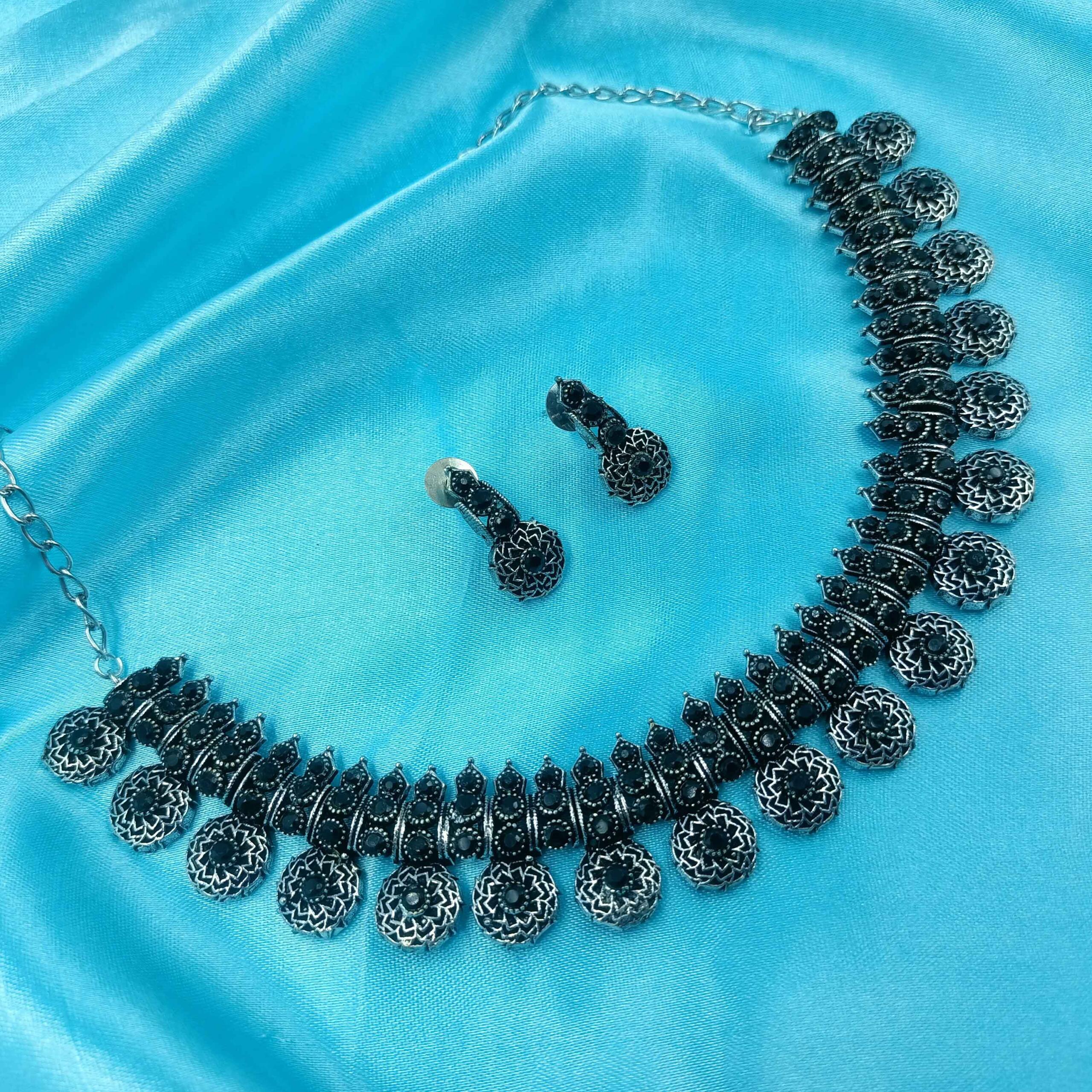 Oxidised  Trible  look Stylish Black Chokar Necklace Set with  Stones and Stud Earrings