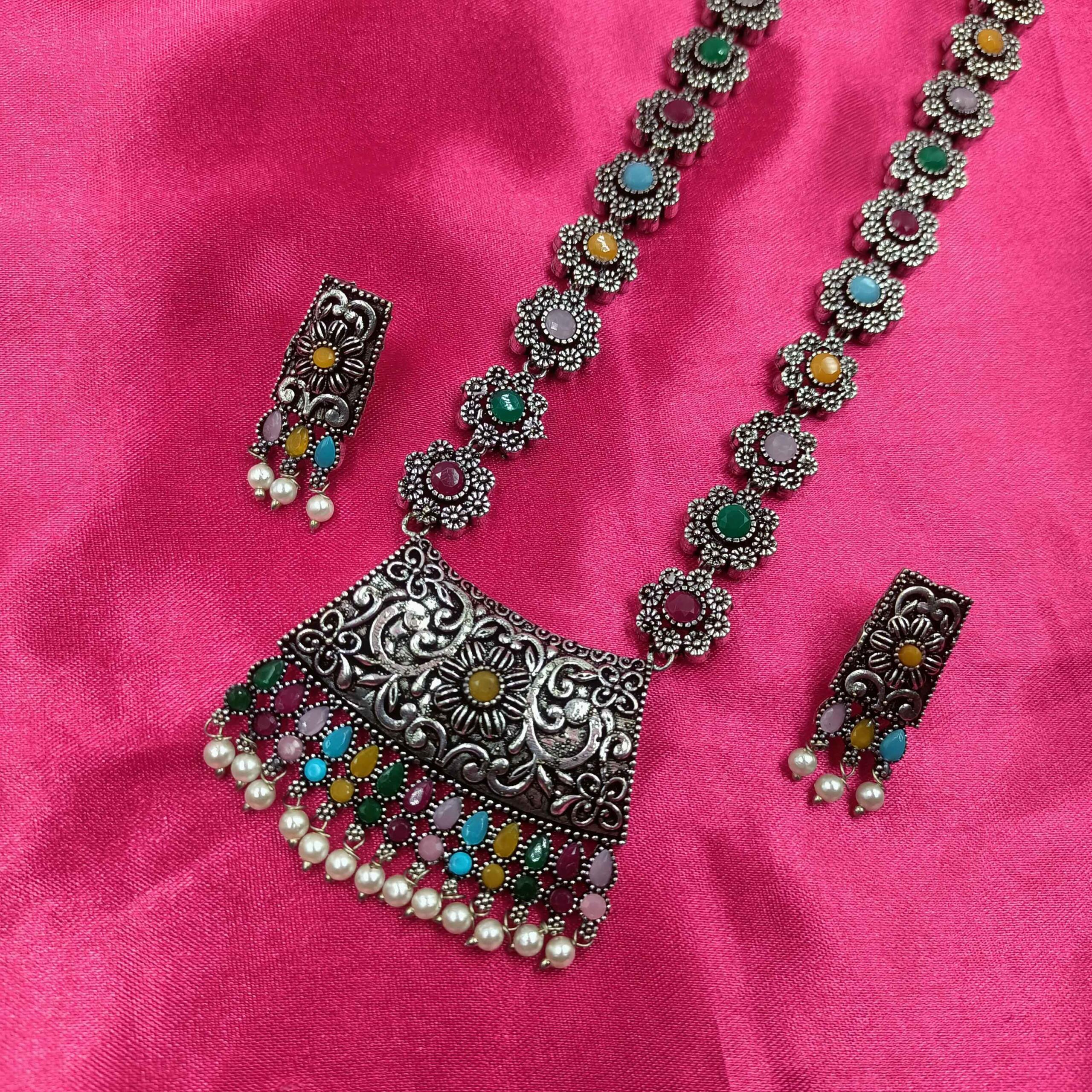 Oxidised  Trible look Stylish Multi Color Long Necklace Set with Pearl Beeds and Stones with Stud Earrings