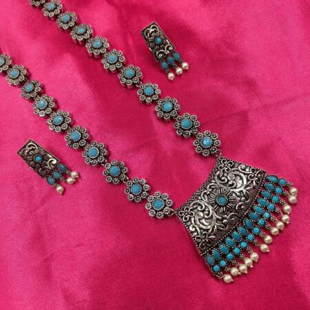 Oxidised  Trible look Stylish Turquiose Color Long Necklace Set with Pearl Beeds and Stones with Stud Earrings