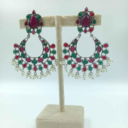 Vintage Silver Cascade long Multi color Chandbali Zhumki Earrings with Pearl