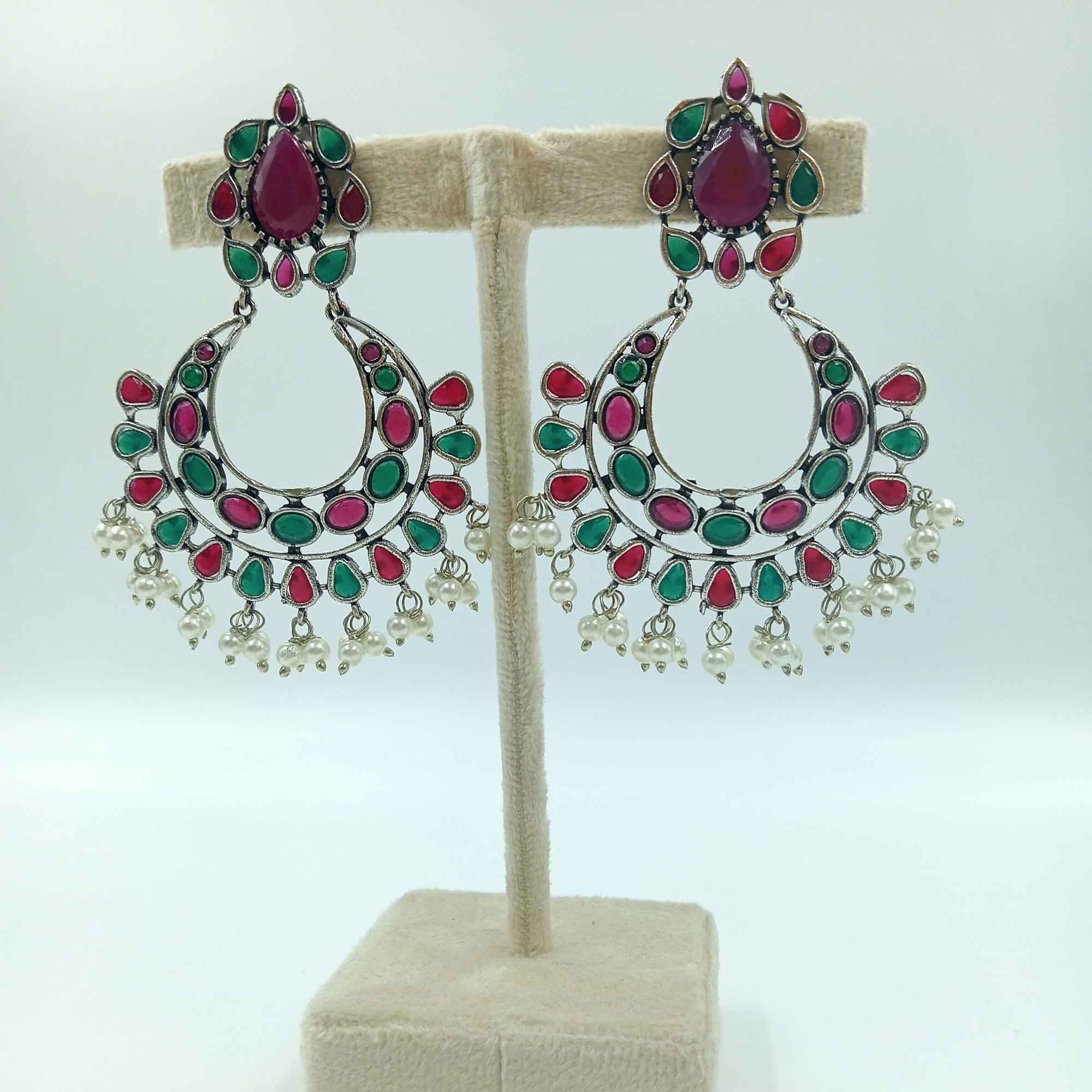 Vintage Silver Cascade long Multi color Chandbali Zhumki Earrings with Pearl