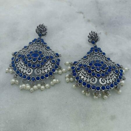 Mystical Aura Blue Color Long Oxidized Zhumki Chandbali Earrings with Pearls