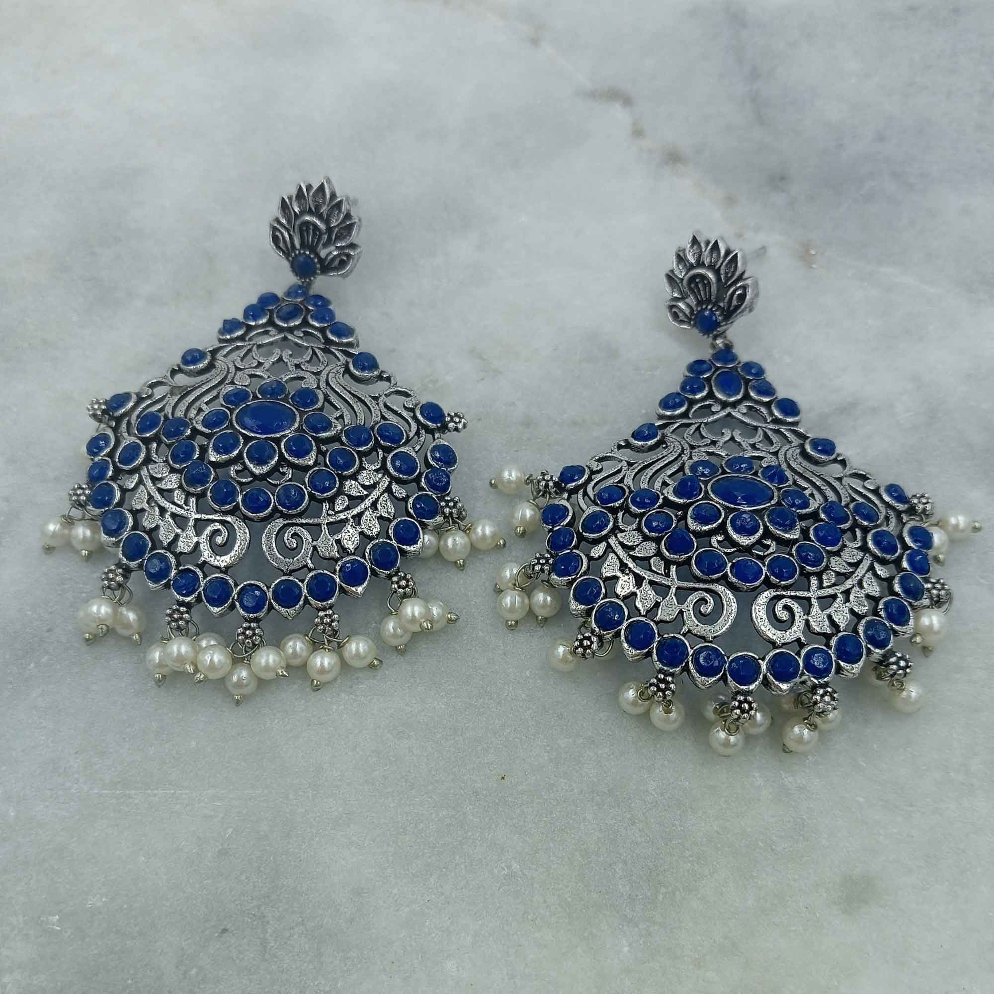 Mystical Aura Blue Color Long Oxidized Zhumki Chandbali Earrings with Pearls
