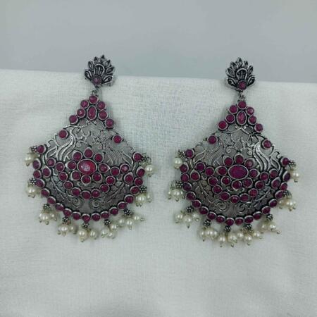 Vintage Silver Cascade long Red Rani color Chandbali Zhumki Earrings with Pearl