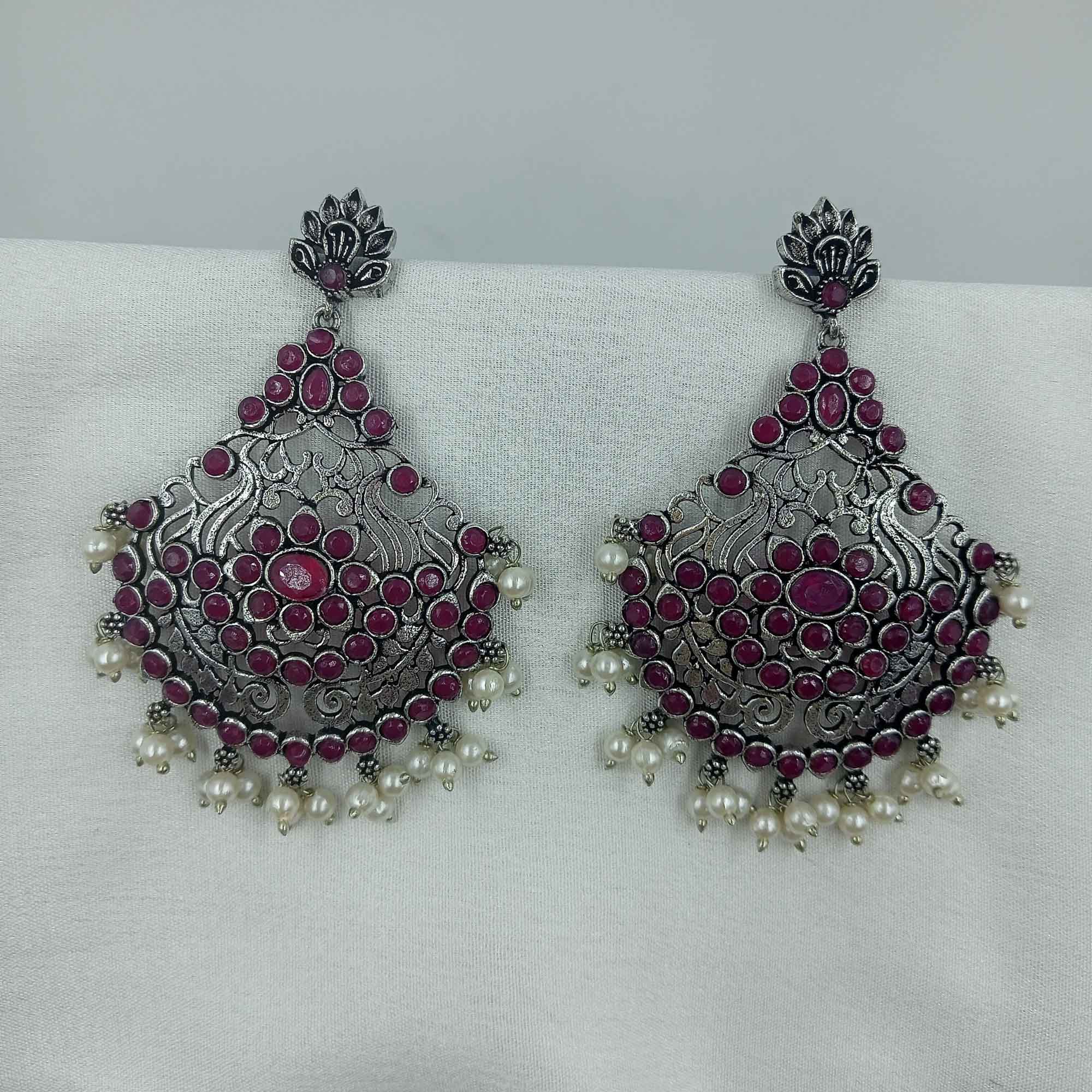 Vintage Silver Cascade long Red Rani color Chandbali Zhumki Earrings with Pearl