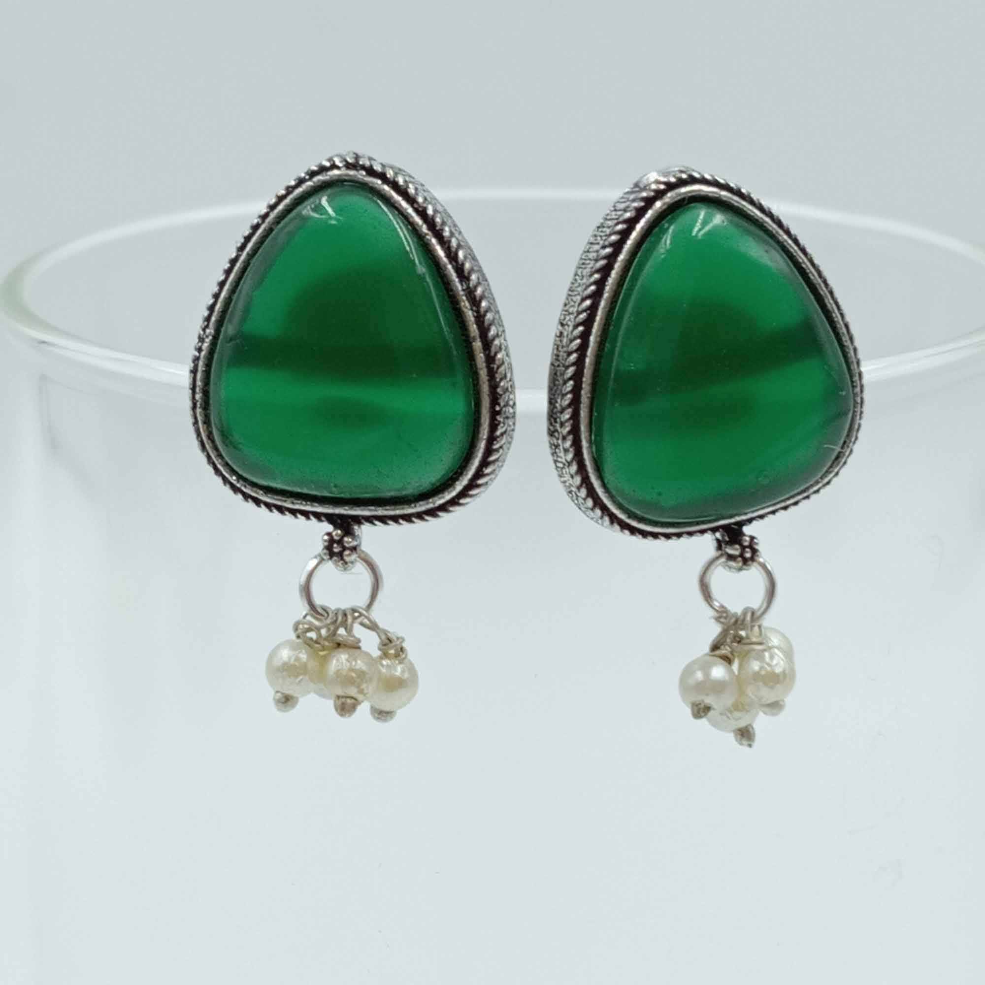 Enchanting Twilight Green color Oxidized Stud Earrings with Pearls