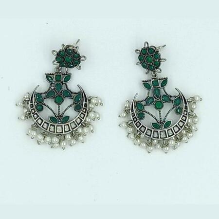 Vintage Silver Cascade long Green color Chandbali Zhumki Earrings with Pearl