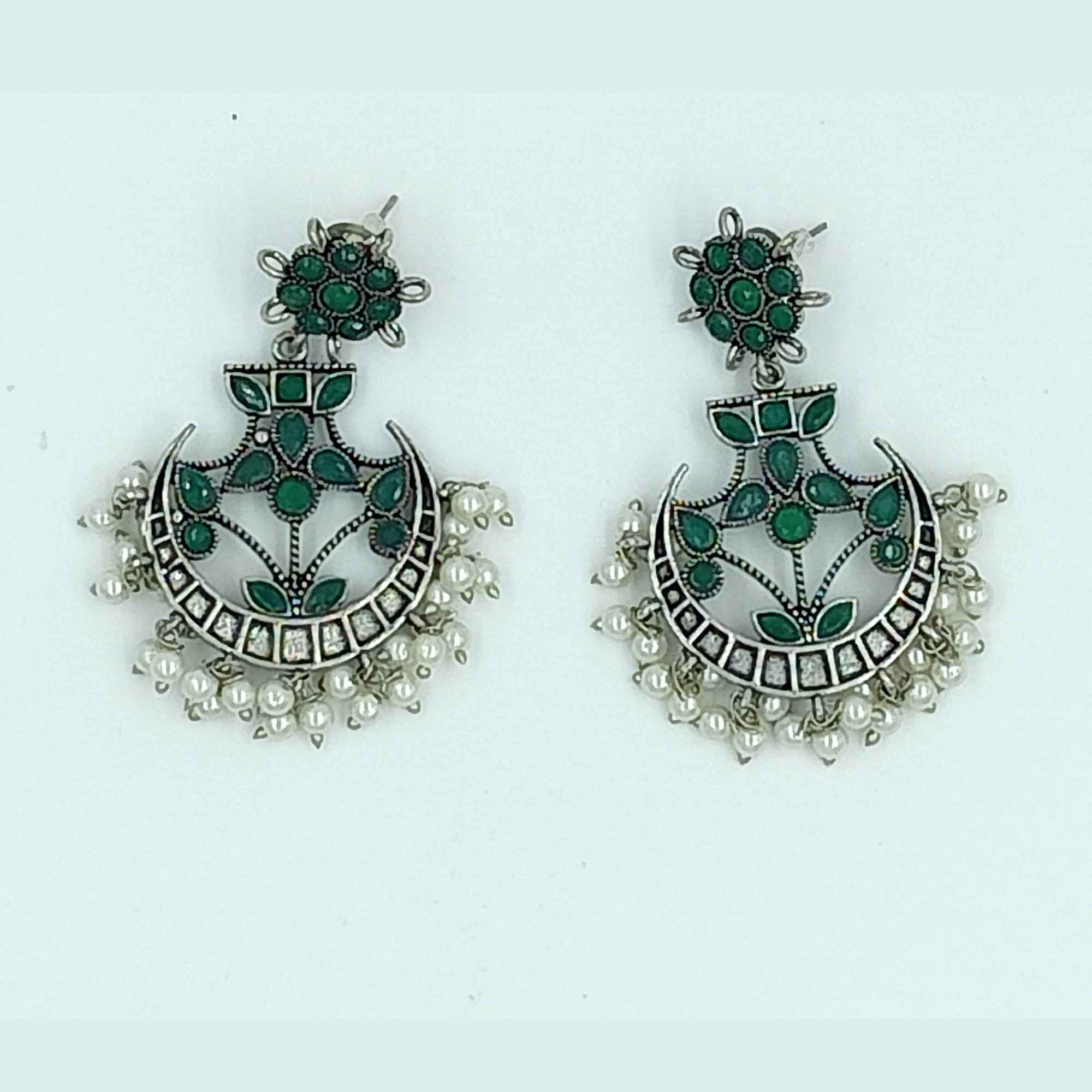 Vintage Silver Cascade long Green color Chandbali Zhumki Earrings with Pearl