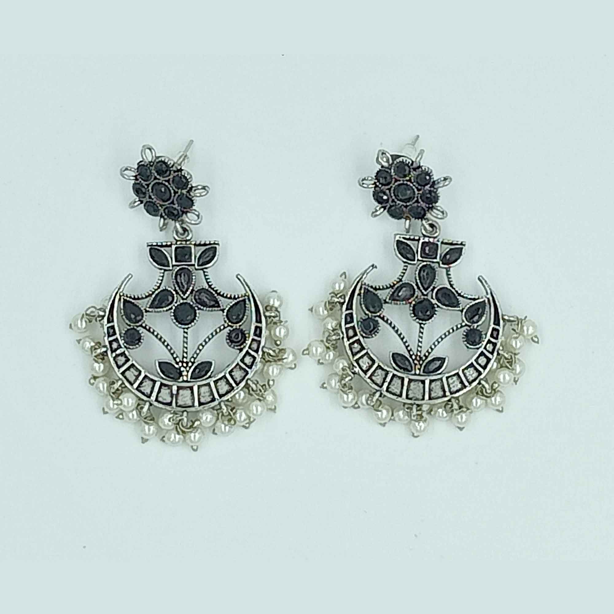 Vintage Silver Cascade long Black color Chandbali Zhumki Earrings with Pearl