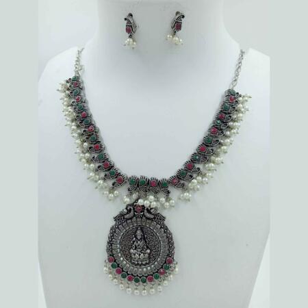 Timeless Elegance Multi color Silver Oxidized Necklace Set with Earrings