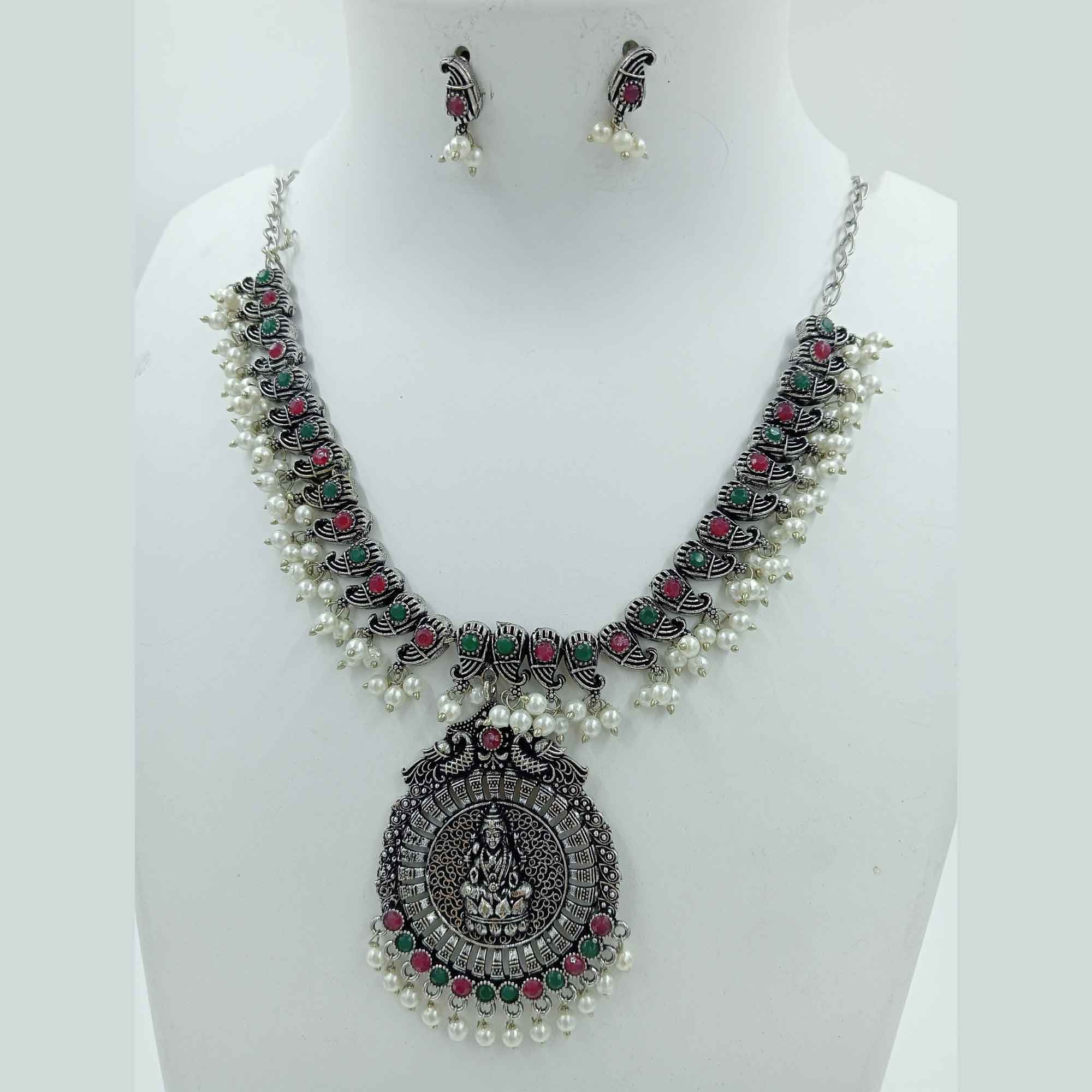 Timeless Elegance Multi color Silver Oxidized Necklace Set with Earrings