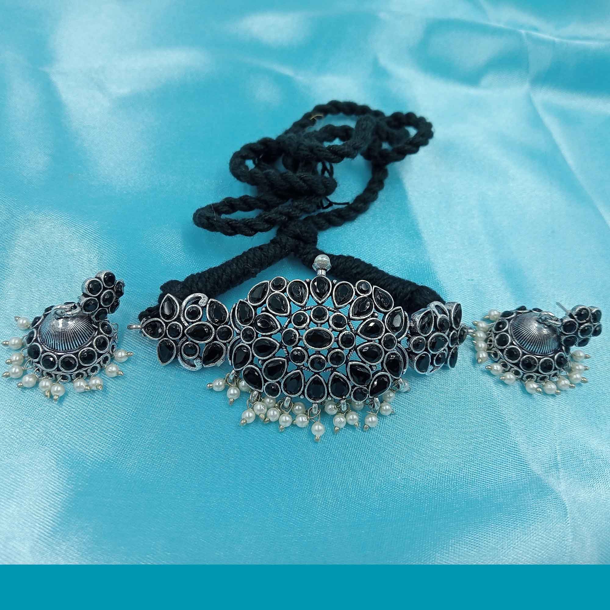 Timeless Elegance Black color Silver Oxidized Chokar Necklace Set with Earrings