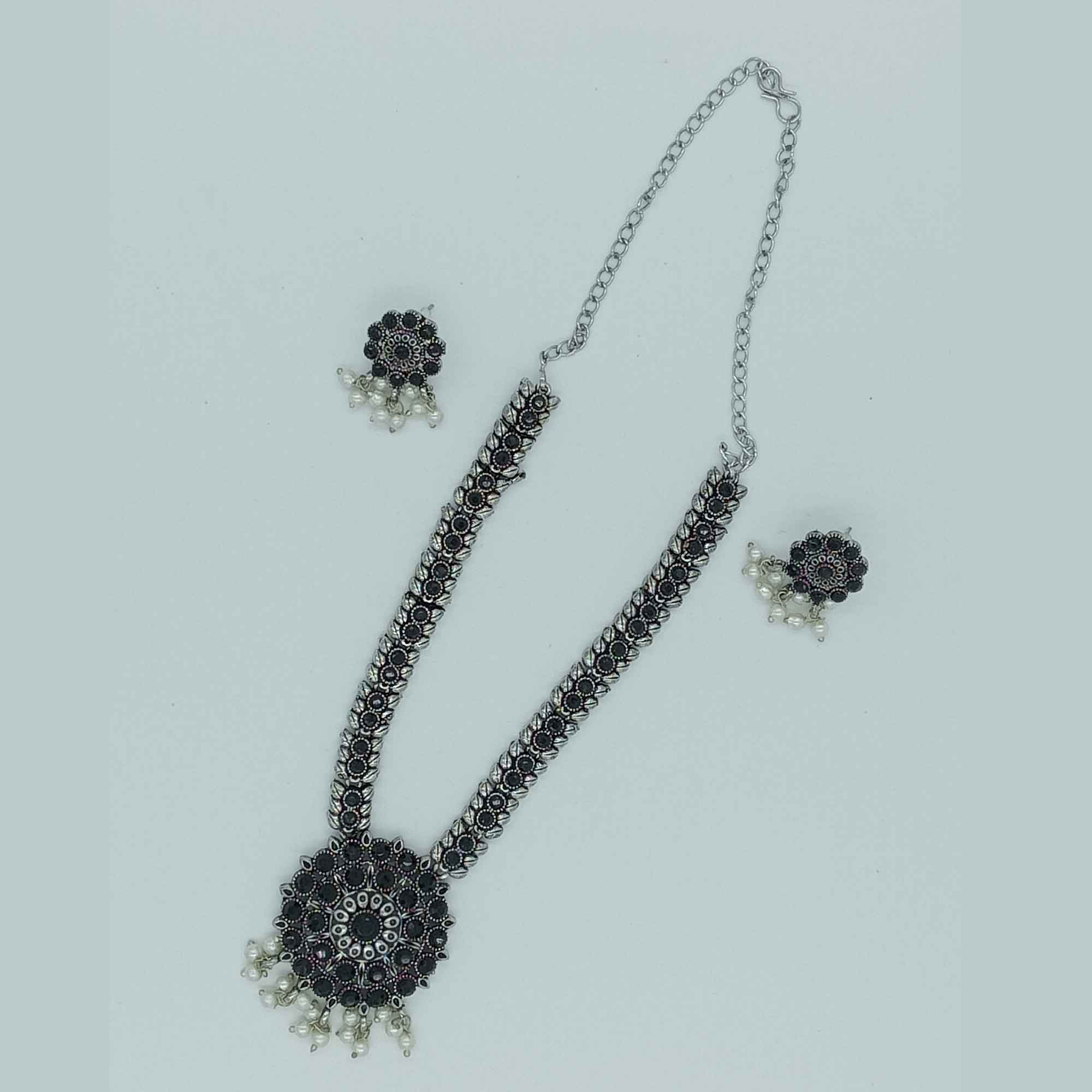 Vintage Charisma Oxidized Silver Look Long Black Color Necklace Set with Earrings