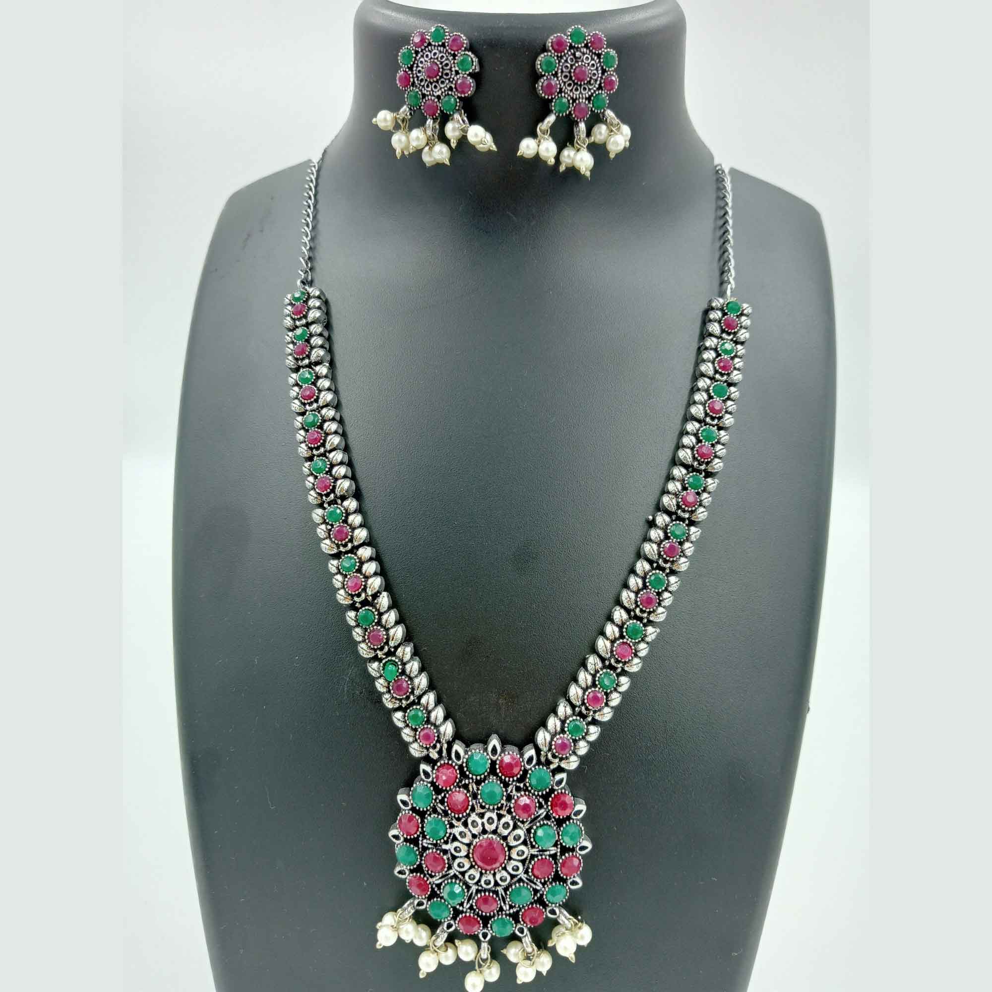 Vintage Charisma Oxidized Silver Look  Green & Rani Color Long Necklace Set with Earrings