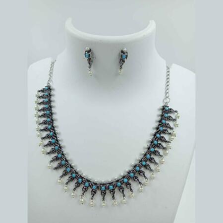 Timeless Elegance Turquois color Silver Oxidized Chokar Necklace Set with Earrings