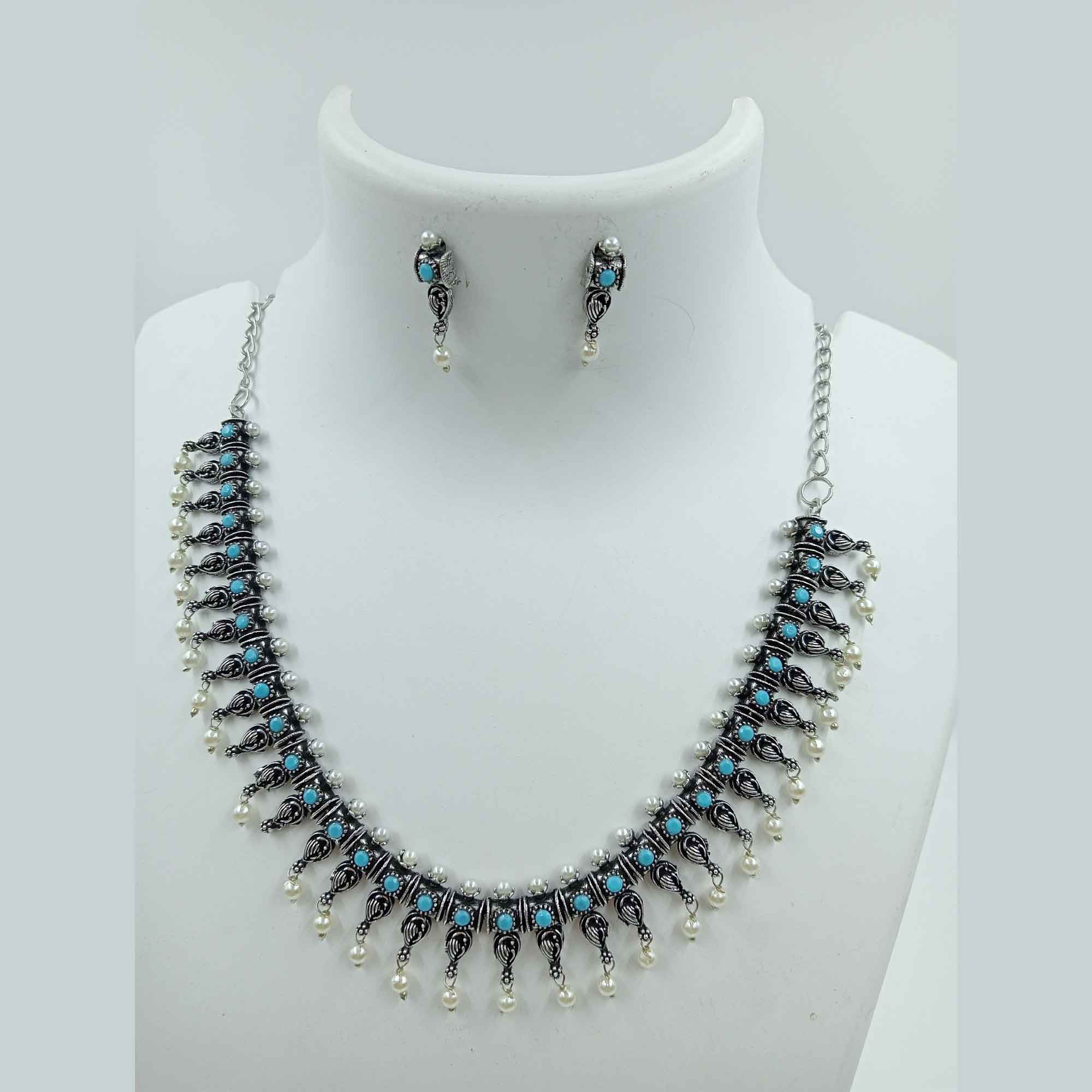 Timeless Elegance Turquois color Silver Oxidized Chokar Necklace Set with Earrings