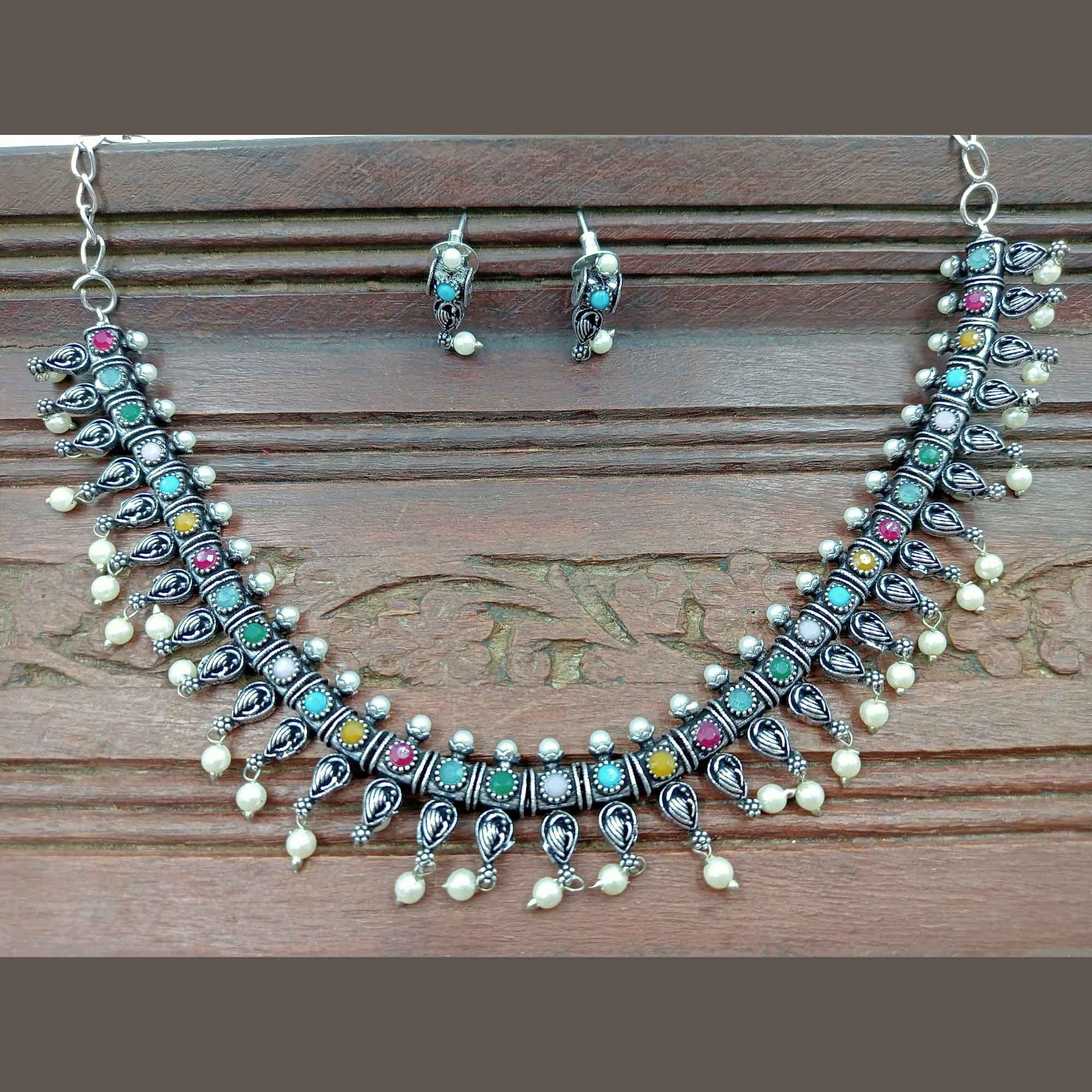 Timeless Elegance Multi color Silver Oxidized Chokar Necklace Set with Earrings