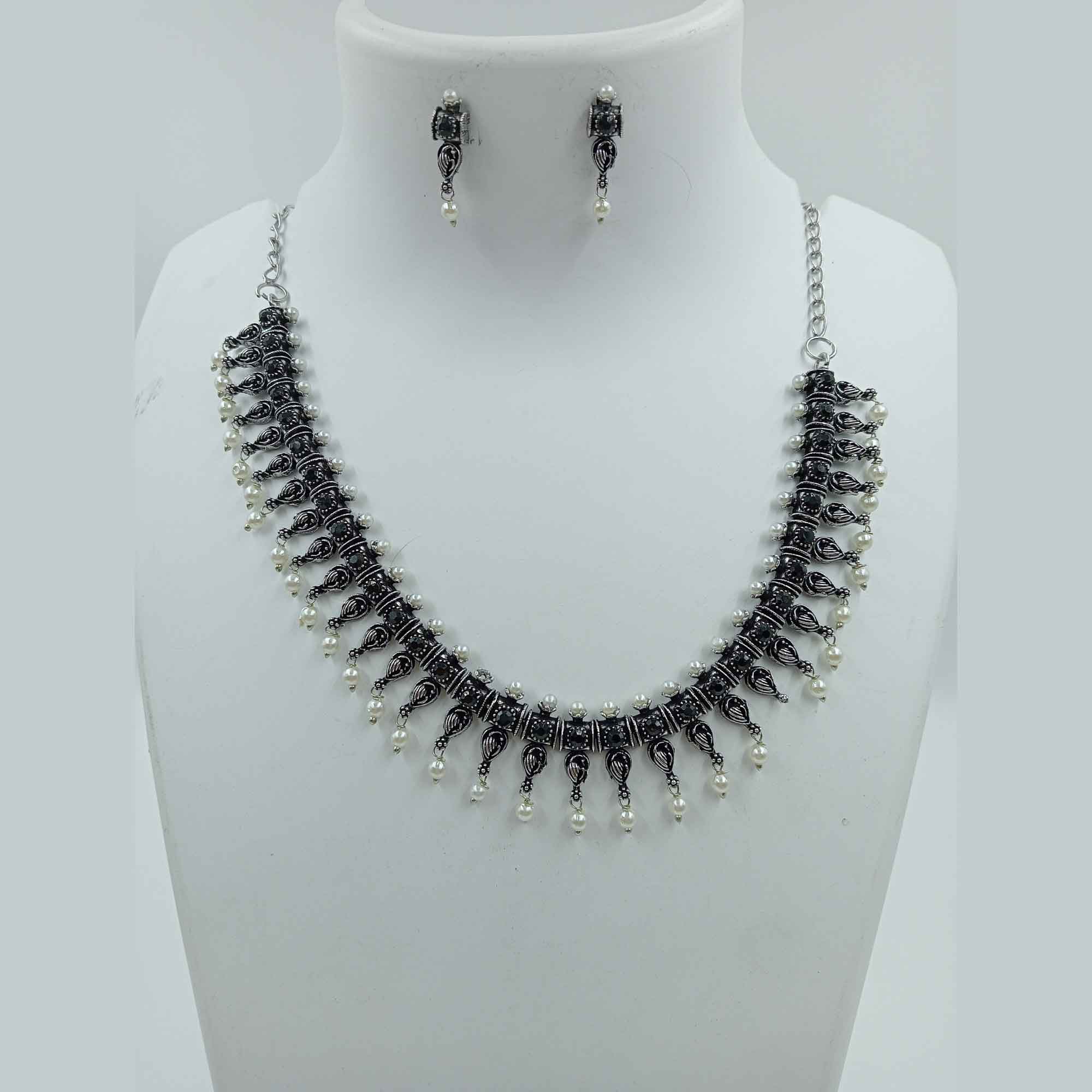 Timeless Elegance Black & White color Silver Oxidized Chokar Necklace Set with Earrings
